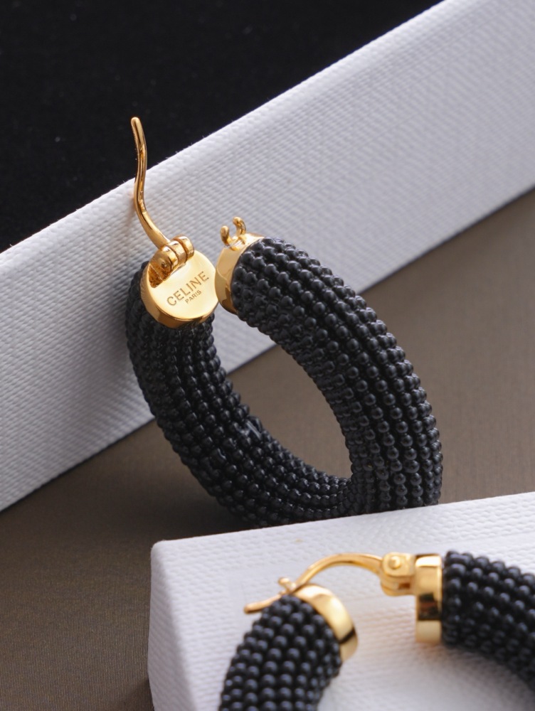 CELINE BLACK BEADED HOOP EARRINGS, GOLD‑TONE