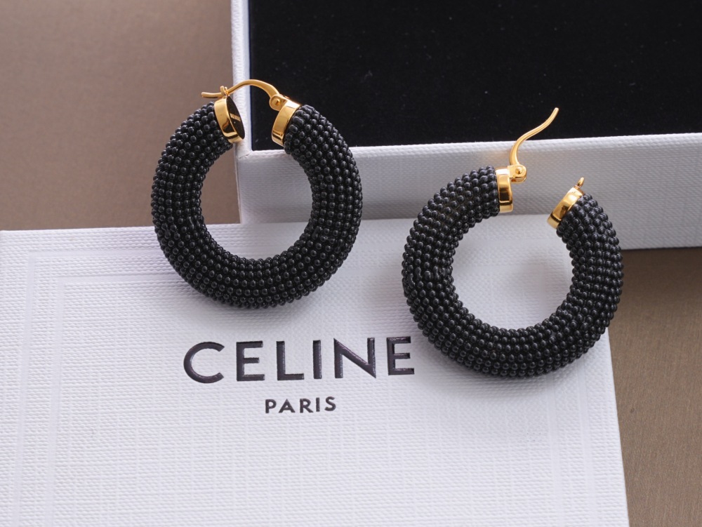 CELINE BLACK BEADED HOOP EARRINGS, GOLD‑TONE