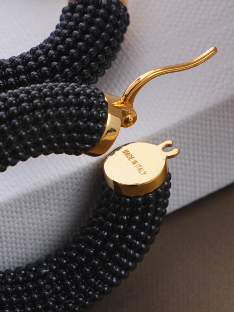 CELINE BLACK BEADED HOOP EARRINGS, GOLD‑TONE