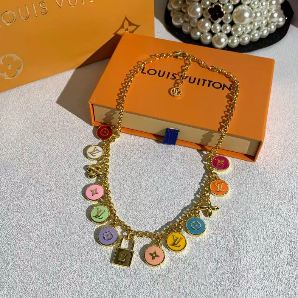 LOUIS VUITTON MULTI‑COLOR ENAMEL CHARM NECKLACE, GOLD‑TONE