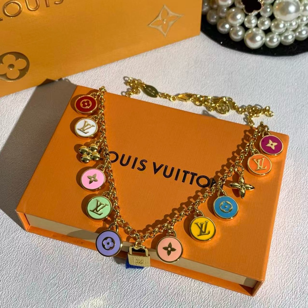 LOUIS VUITTON MULTI‑COLOR ENAMEL CHARM NECKLACE, GOLD‑TONE