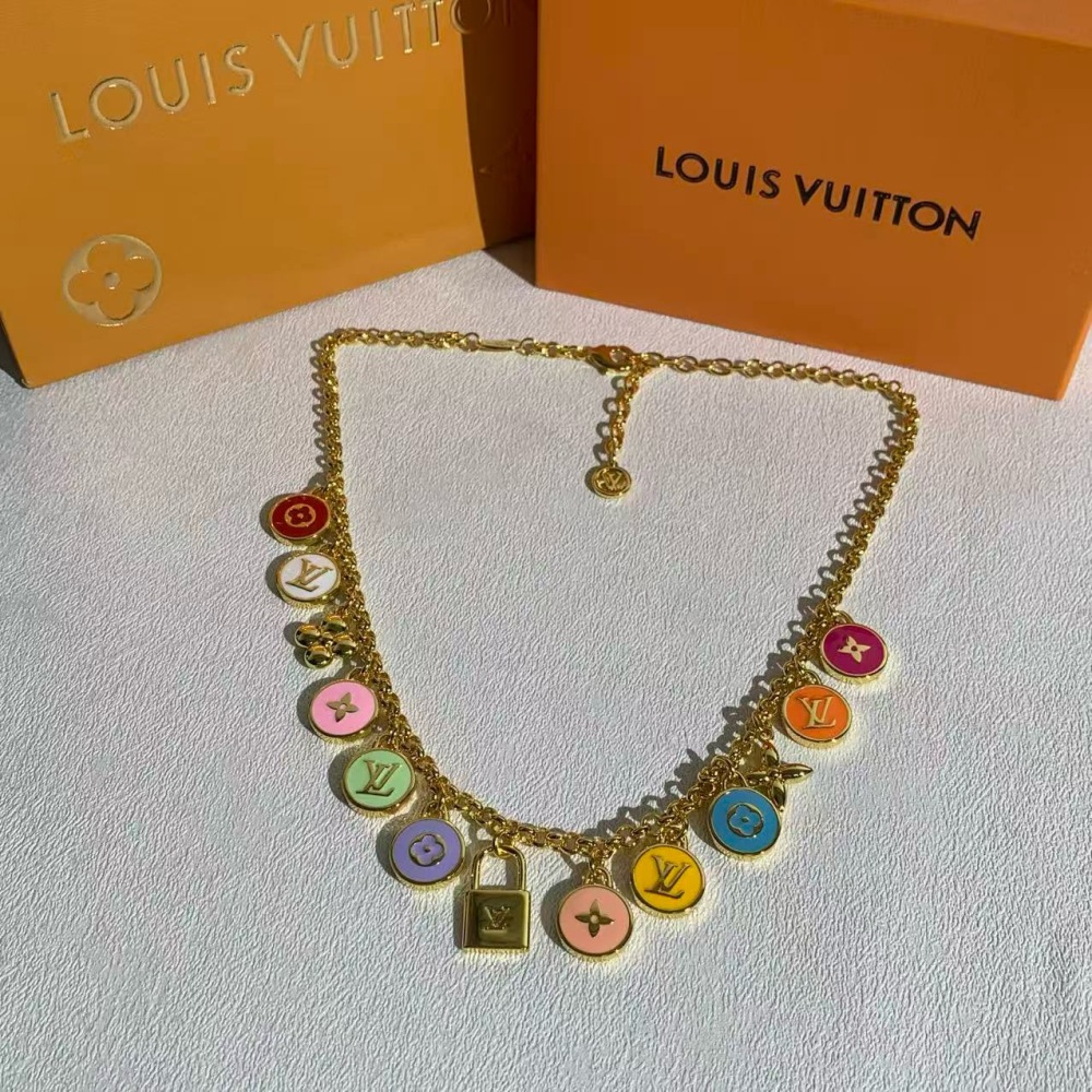 LOUIS VUITTON MULTI‑COLOR ENAMEL CHARM NECKLACE, GOLD‑TONE