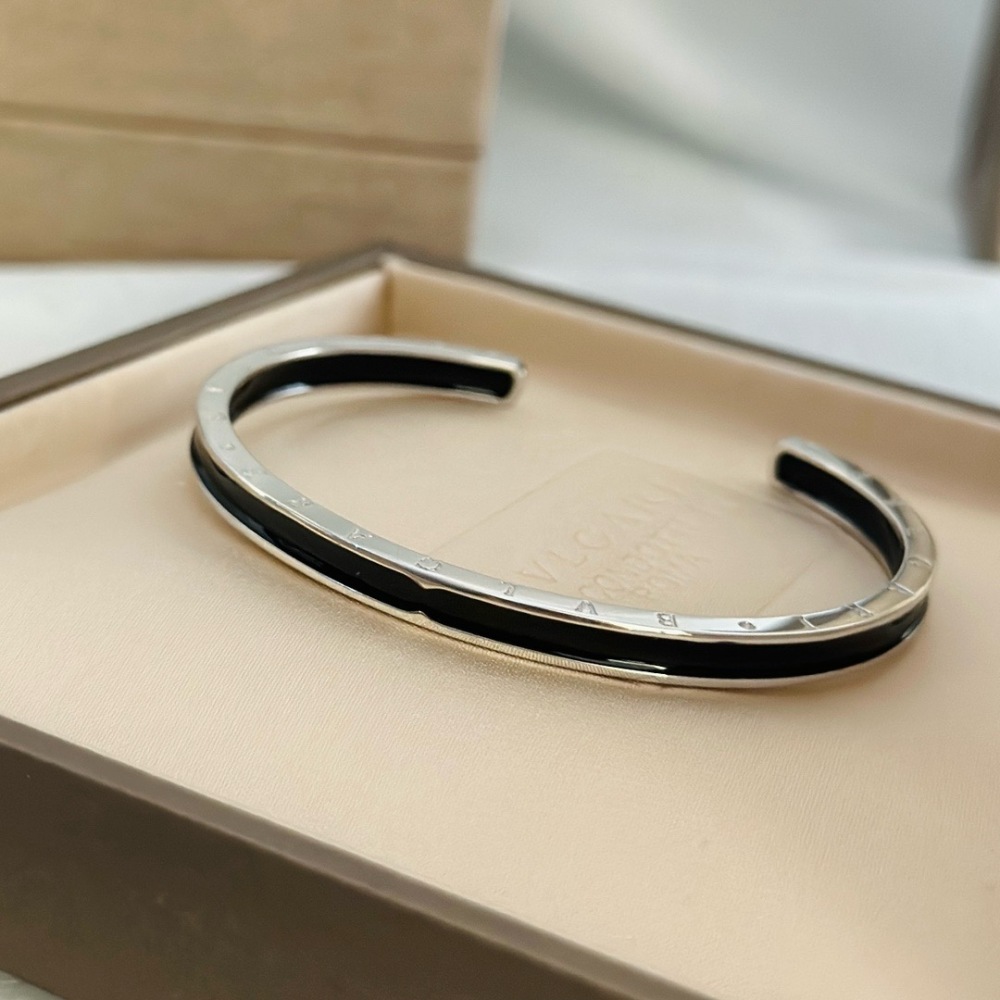 BVLGARI B.ZERO1 SILVER BLACK ENAMEL OPEN CUFF BRACELET
