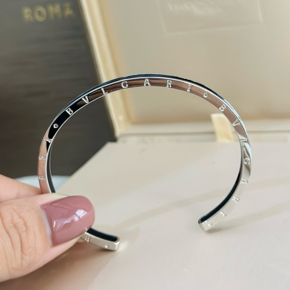 BVLGARI B.ZERO1 SILVER BLACK ENAMEL OPEN CUFF BRACELET