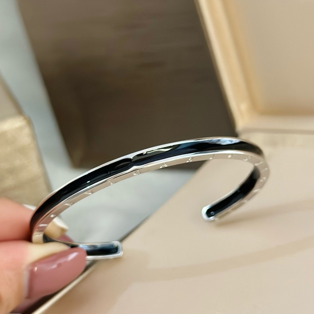 BVLGARI B.ZERO1 SILVER BLACK ENAMEL OPEN CUFF BRACELET