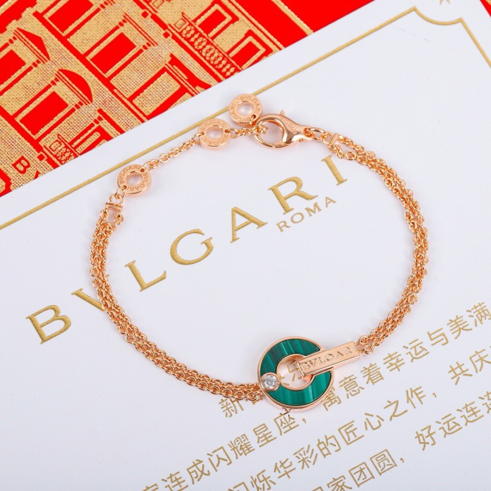 BVLGARI BVLGARI ROSE GOLD MALACHITE DOUBLE CHAIN DIAMOND BRACELET
