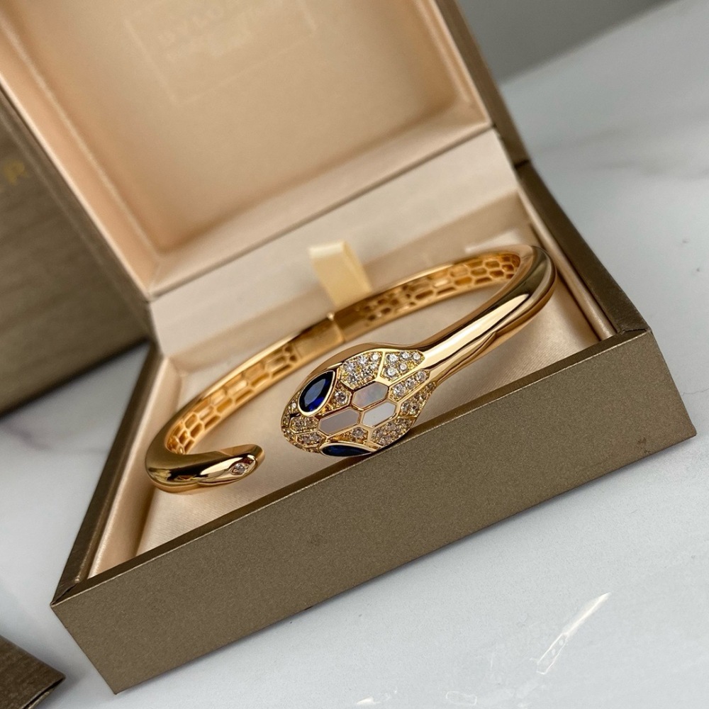 BVLGARI SERPENTI DIAMOND WHITE MOTHER OF PEARL SAPPHIRE ROSE GOLD OPEN CUFF BANGLE