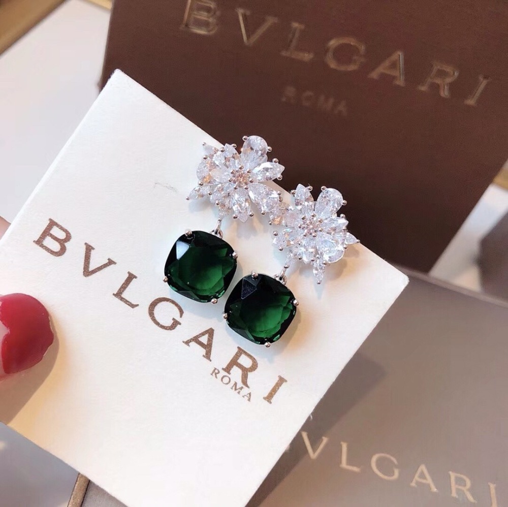 BVLGARI FLORAL DIAMOND CUSHION CUT EMERALD DROP SILVER EARRINGS