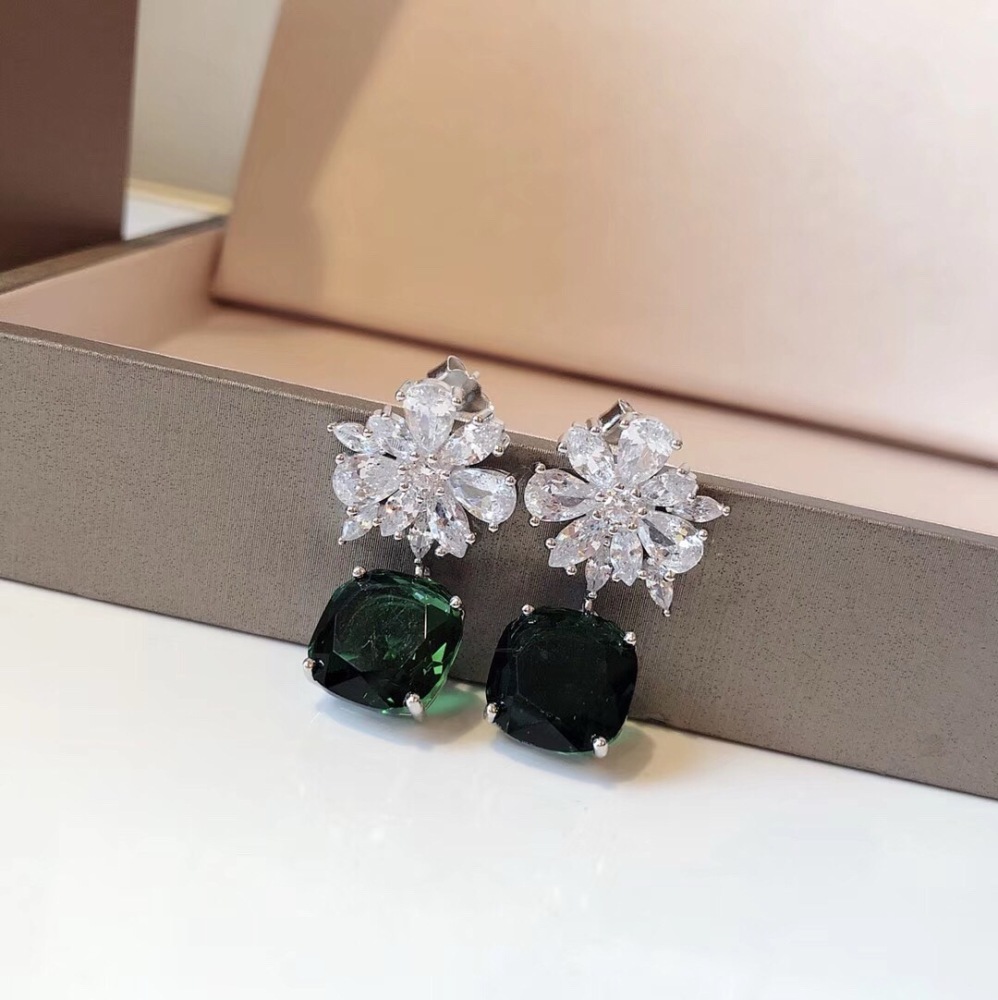 BVLGARI FLORAL DIAMOND CUSHION CUT EMERALD DROP SILVER EARRINGS
