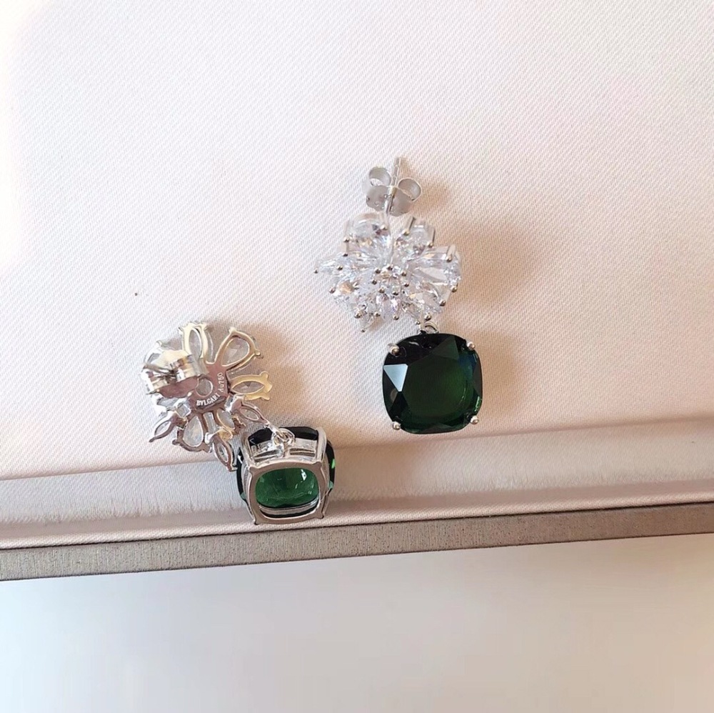BVLGARI FLORAL DIAMOND CUSHION CUT EMERALD DROP SILVER EARRINGS