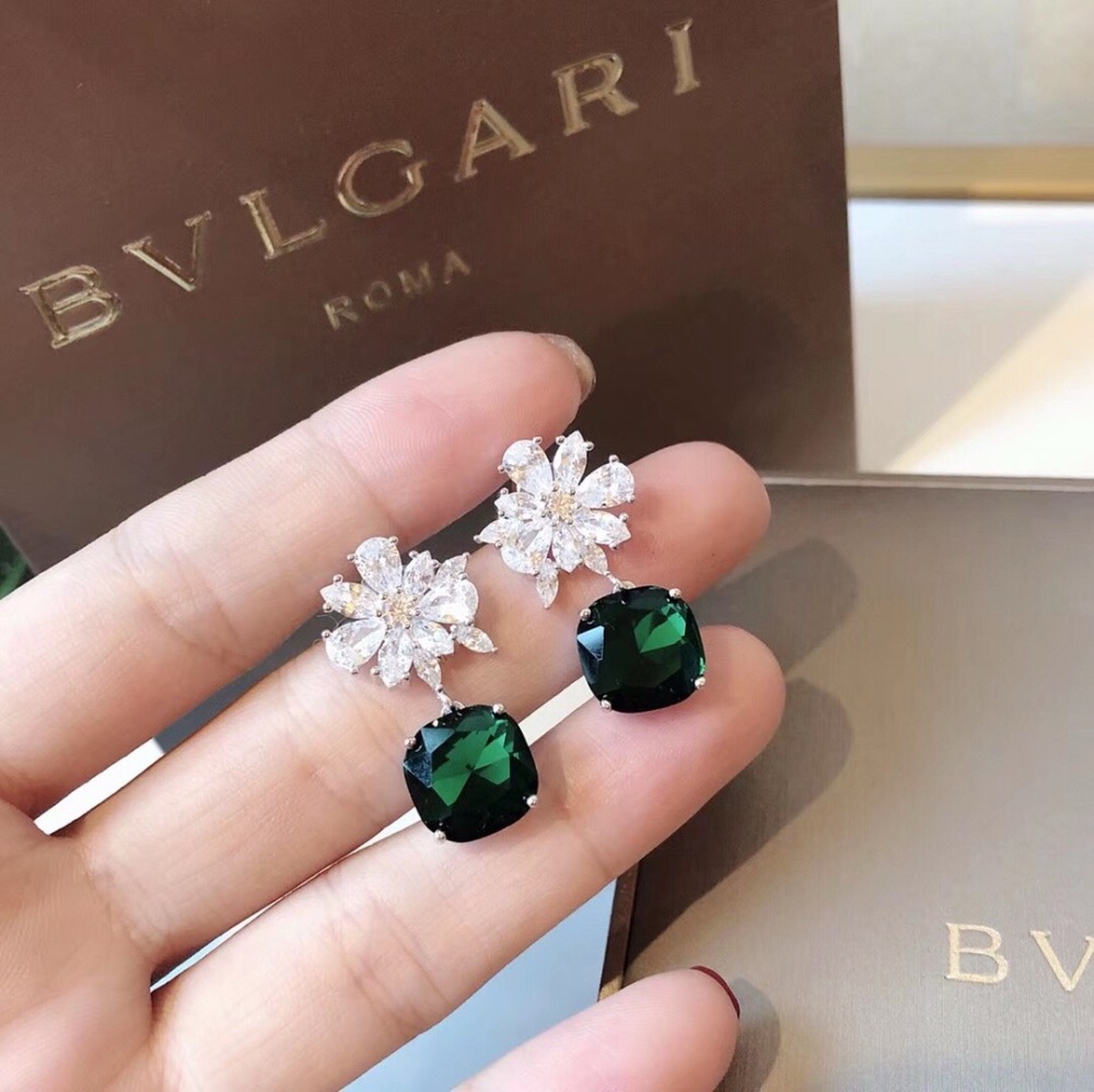 BVLGARI FLORAL DIAMOND CUSHION CUT EMERALD DROP SILVER EARRINGS