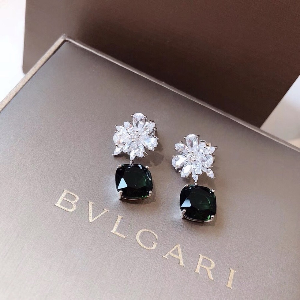 BVLGARI FLORAL DIAMOND CUSHION CUT EMERALD DROP SILVER EARRINGS