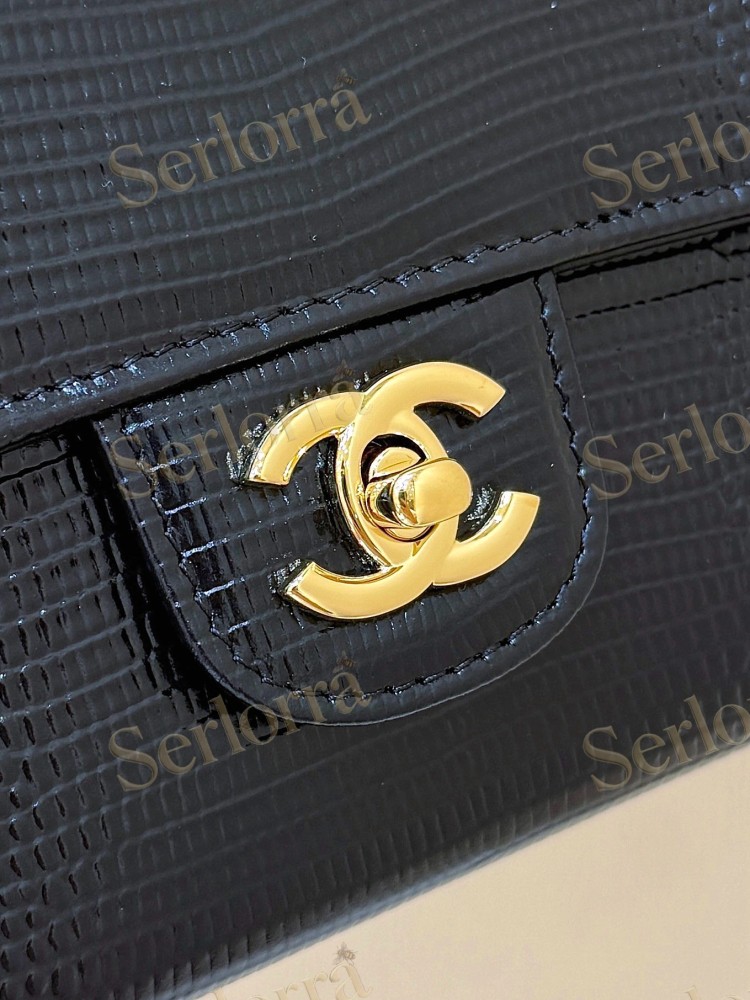 CHANEL MASTER FLAP BAG BLACK LIZARD EMBOSSED CALFSKIN TOP HANDLE CLUTCH GOLD HARDWARE