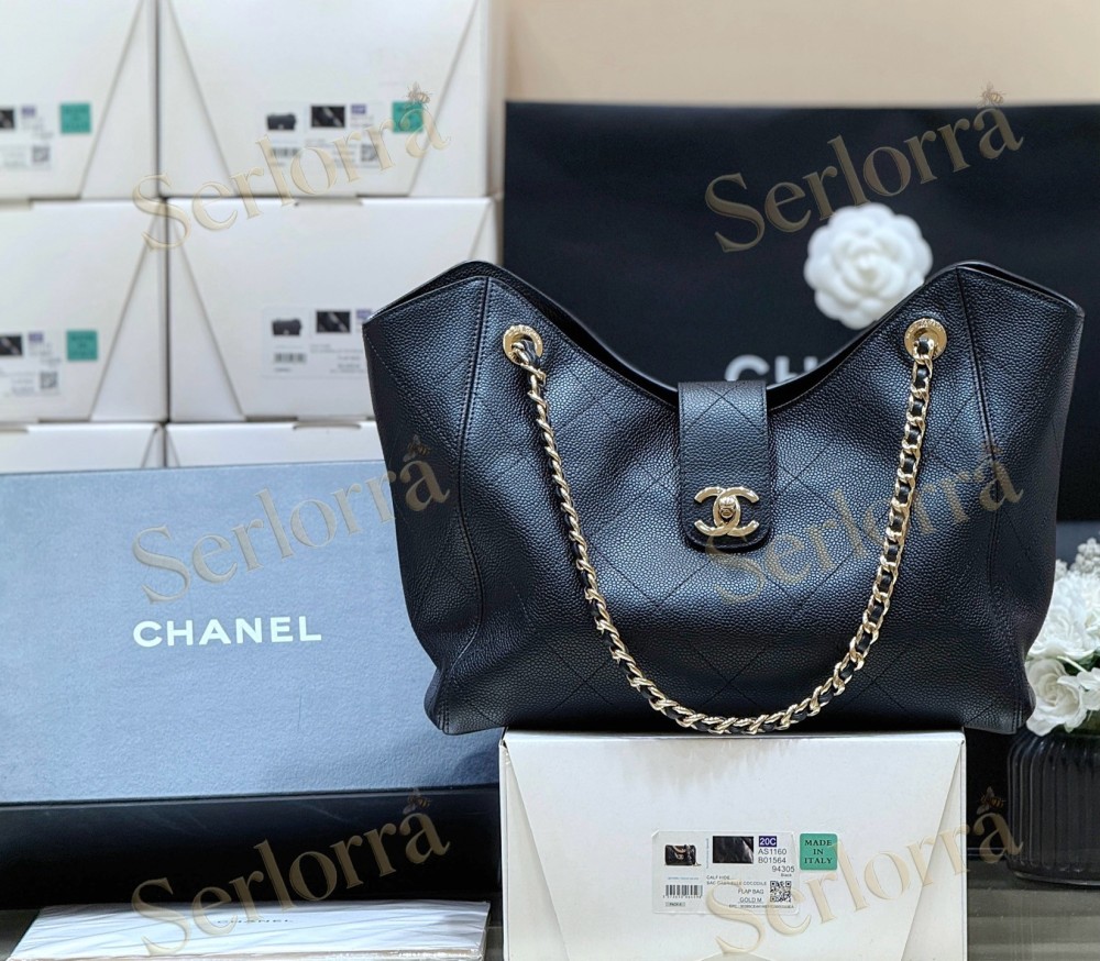 CHANEL MASTER BLACK CAVIAR LEATHER QUILTED CHAIN TOTE BAG GOLD HARDWARE 26S