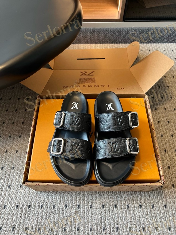 LOUIS VUITTON MONOGRAM LEATHER DOUBLE BUCKLE SLIDES