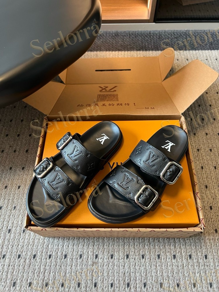 LOUIS VUITTON MONOGRAM LEATHER DOUBLE BUCKLE SLIDES