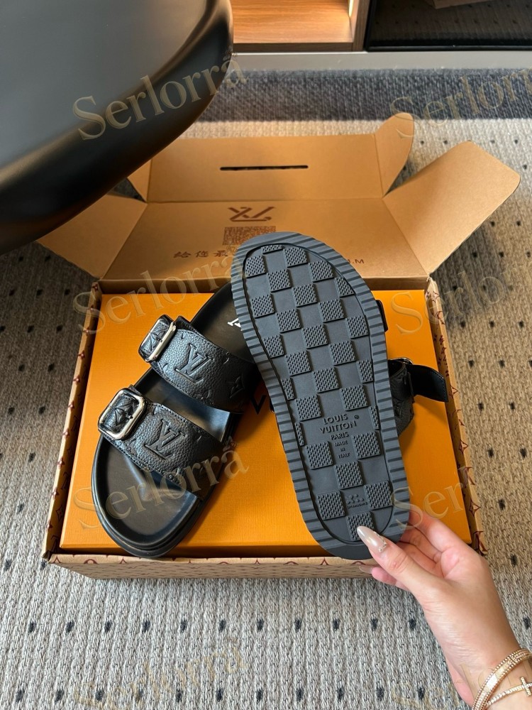LOUIS VUITTON MONOGRAM LEATHER DOUBLE BUCKLE SLIDES