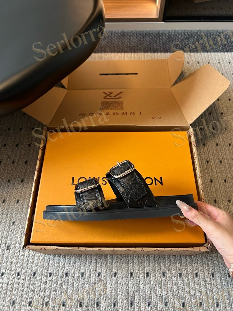 LOUIS VUITTON MONOGRAM LEATHER DOUBLE BUCKLE SLIDES