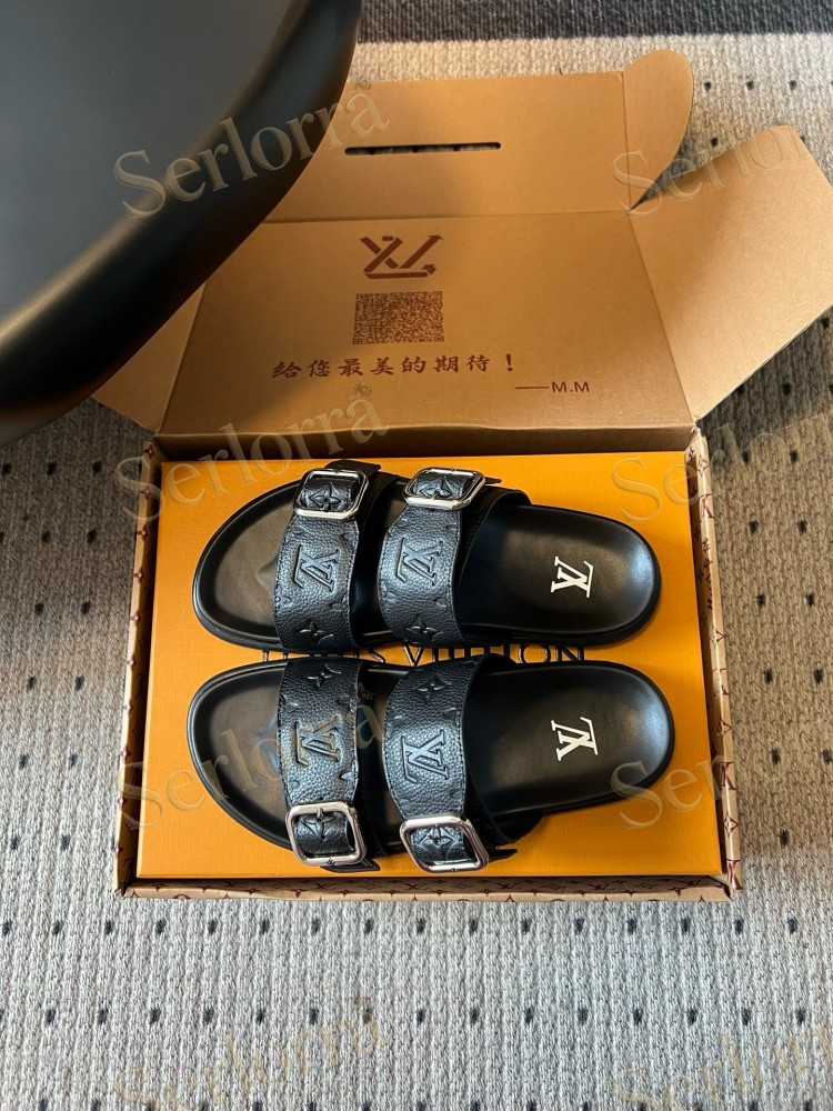 LOUIS VUITTON MONOGRAM LEATHER DOUBLE BUCKLE SLIDES