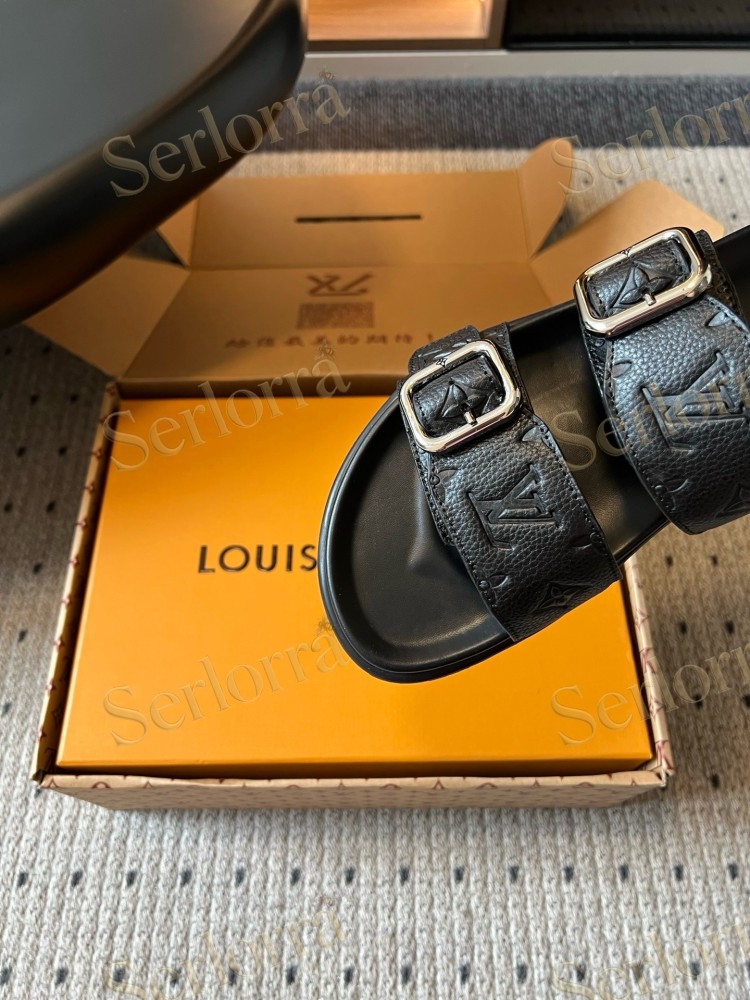 LOUIS VUITTON MONOGRAM LEATHER DOUBLE BUCKLE SLIDES