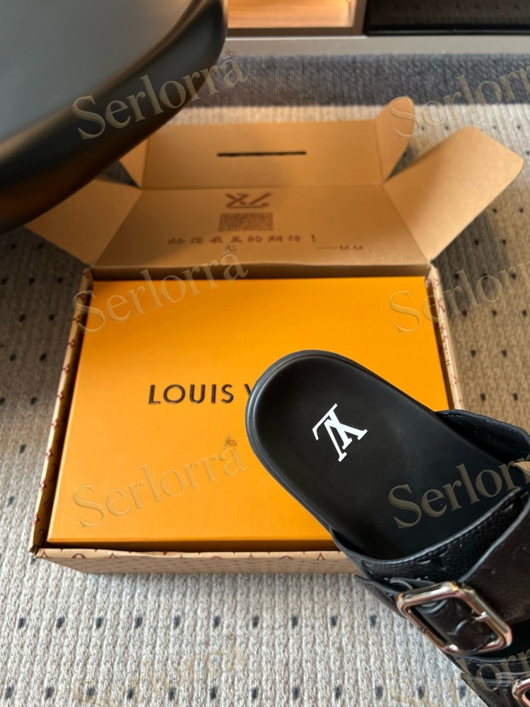 LOUIS VUITTON MONOGRAM LEATHER DOUBLE BUCKLE SLIDES