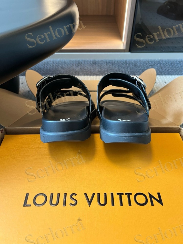 LOUIS VUITTON MONOGRAM LEATHER DOUBLE BUCKLE SLIDES