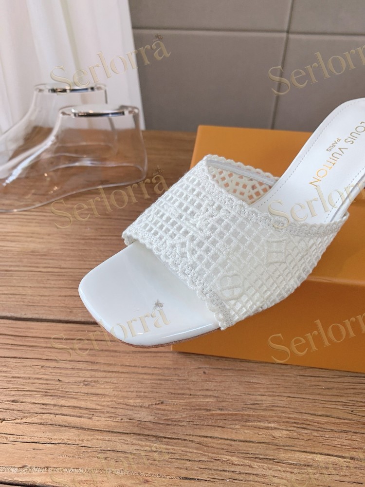 LOUIS VUITTON WHITE LACE MONOGRAM MULES