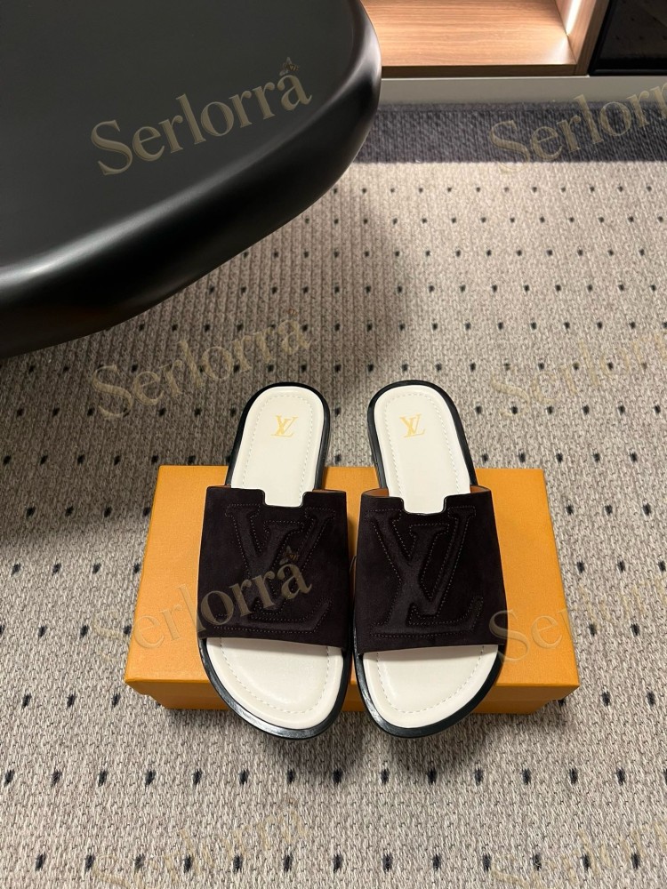 LOUIS VUITTON BLACK SUEDE LV LOGO SLIDES