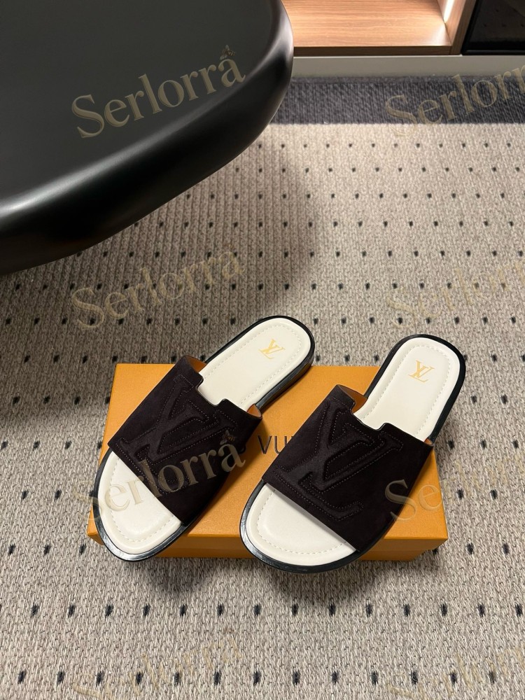 LOUIS VUITTON BLACK SUEDE LV LOGO SLIDES