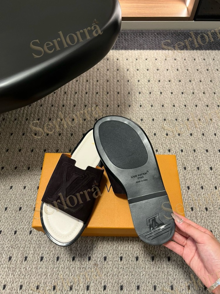 LOUIS VUITTON BLACK SUEDE LV LOGO SLIDES
