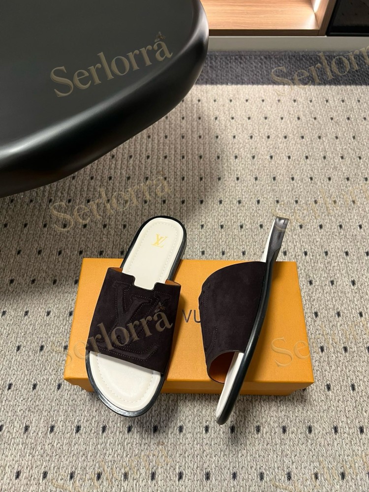 LOUIS VUITTON BLACK SUEDE LV LOGO SLIDES
