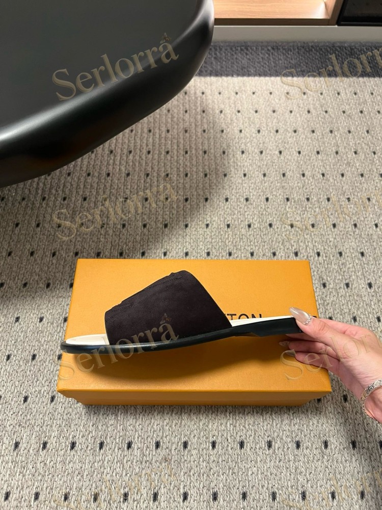 LOUIS VUITTON BLACK SUEDE LV LOGO SLIDES
