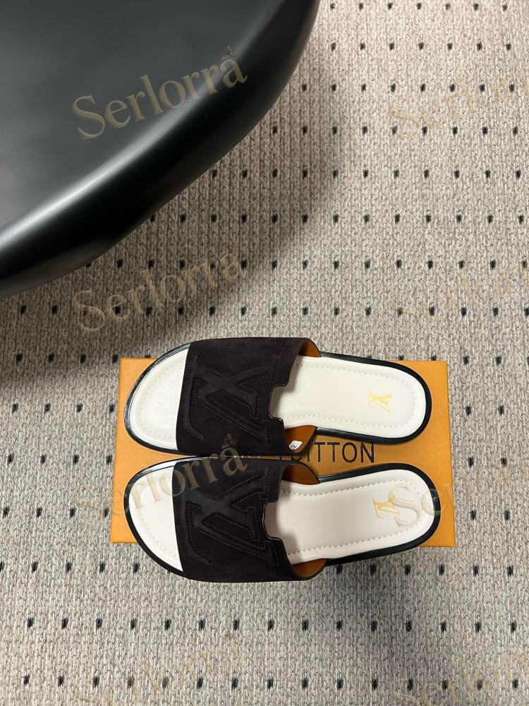 LOUIS VUITTON BLACK SUEDE LV LOGO SLIDES