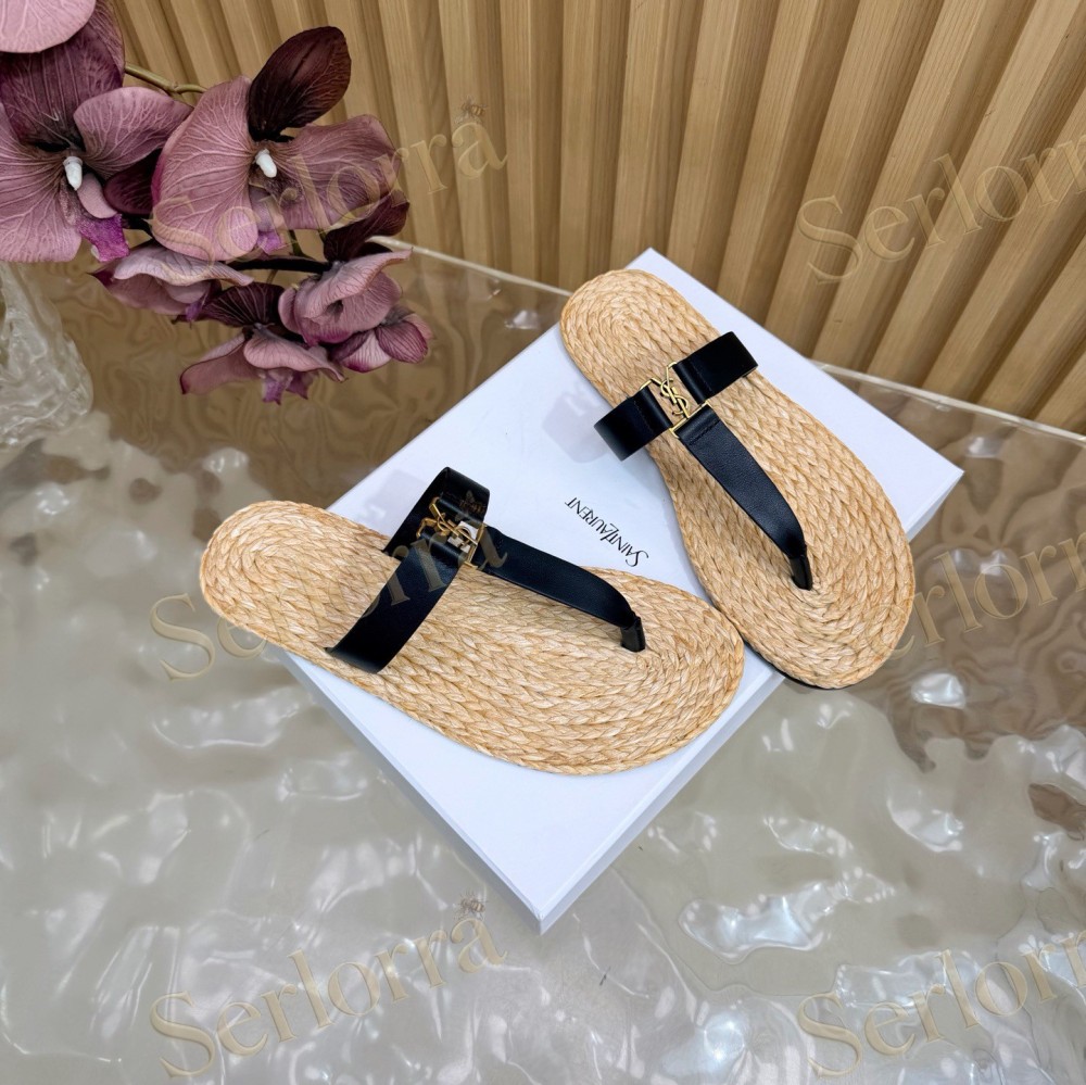 SAINT LAURENT RAFFIA GOLD LOGO LEATHER THONG SANDALS