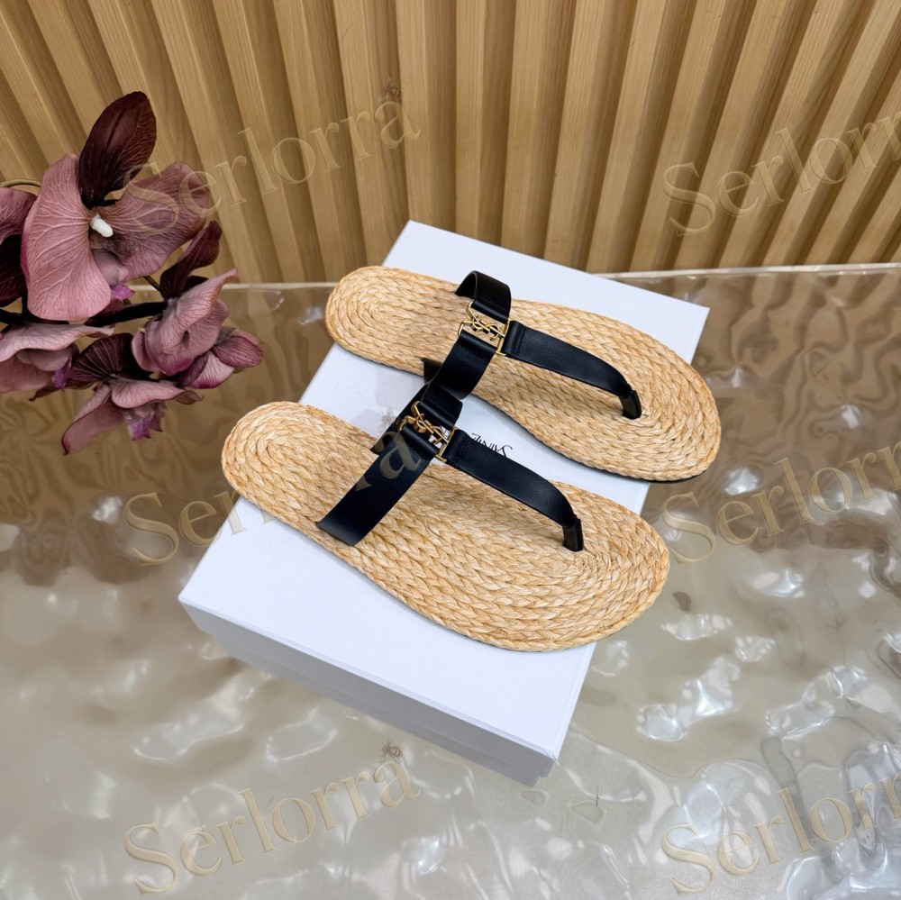 SAINT LAURENT RAFFIA GOLD LOGO LEATHER THONG SANDALS