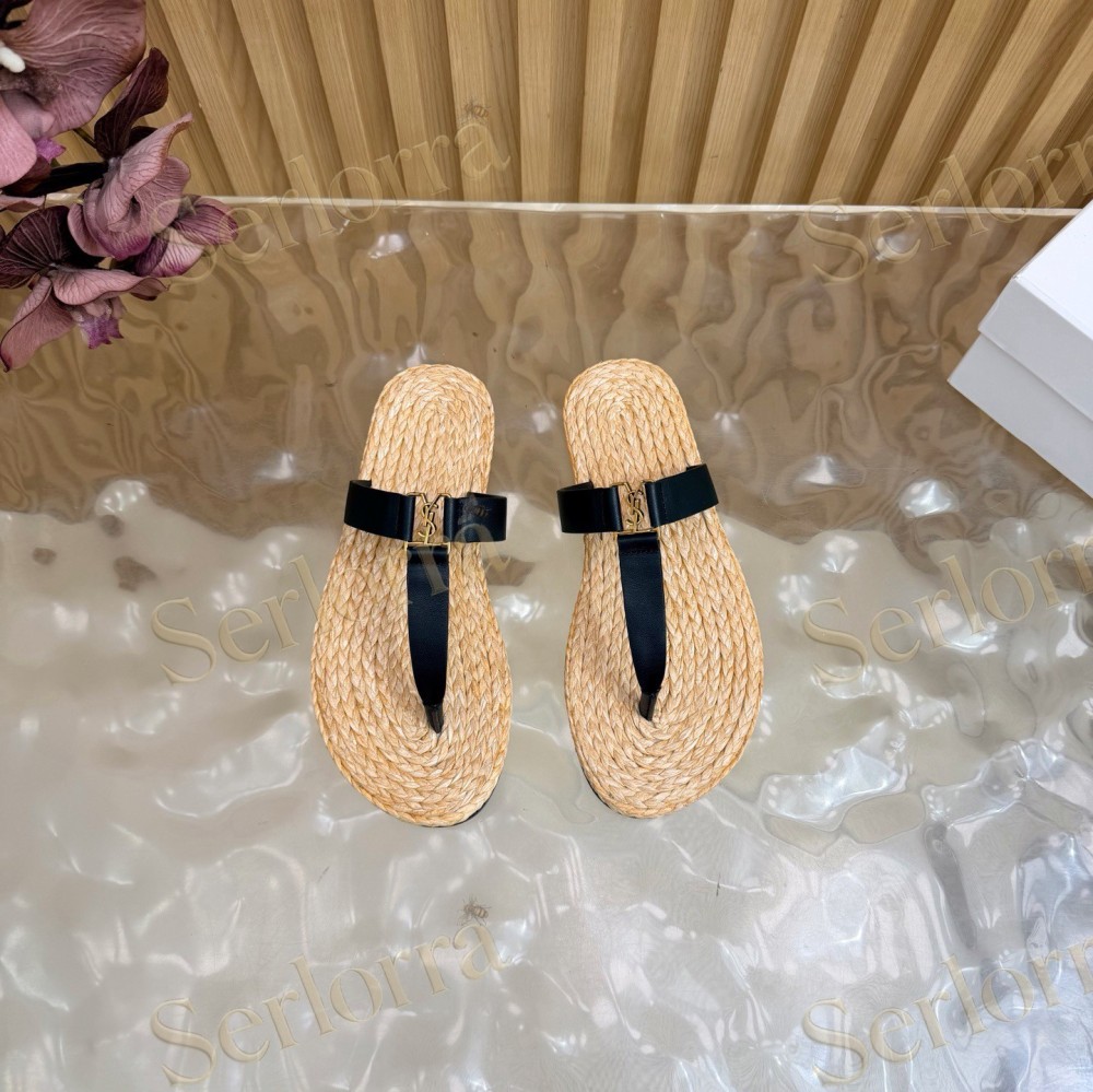 SAINT LAURENT RAFFIA GOLD LOGO LEATHER THONG SANDALS
