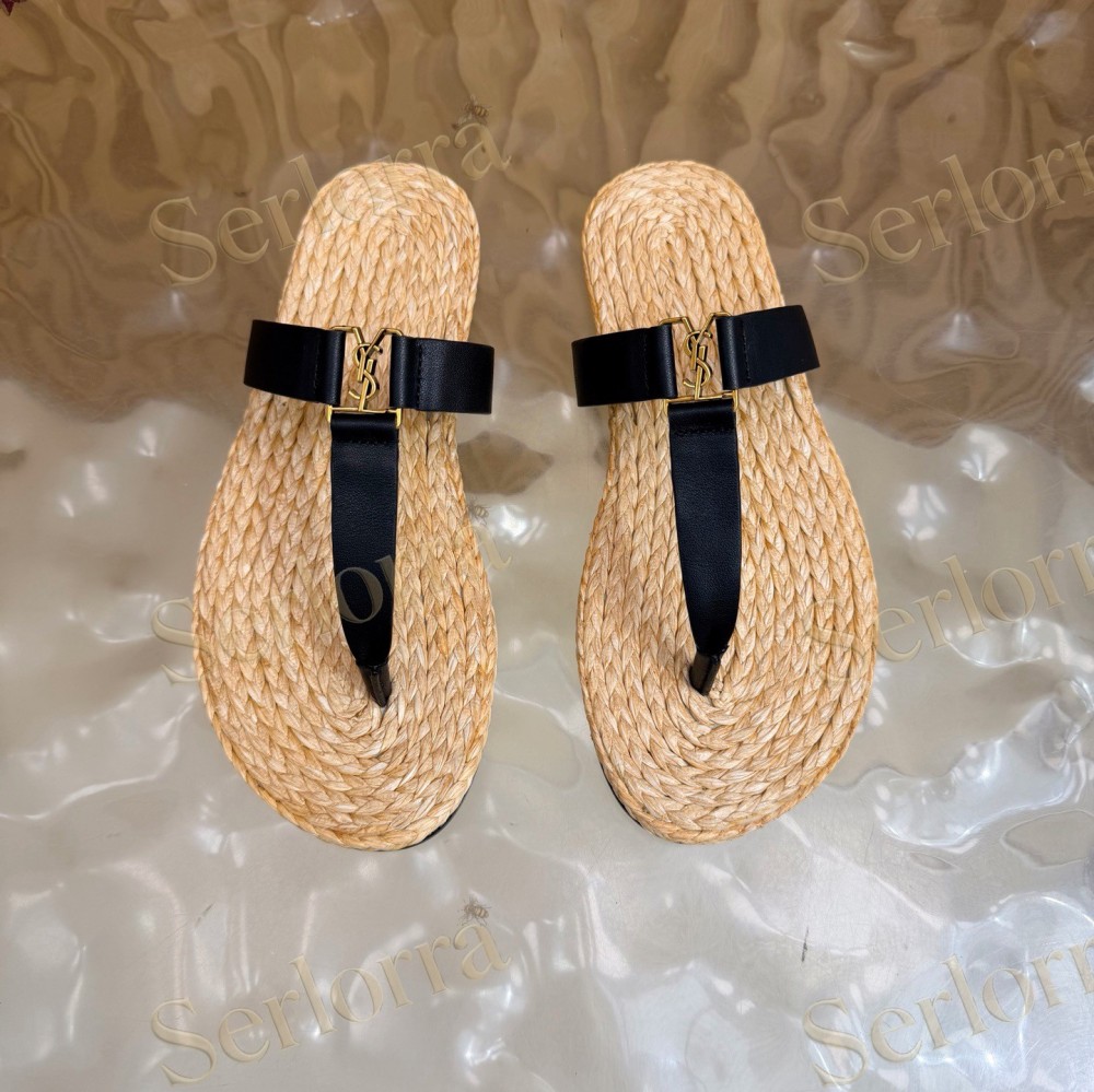 SAINT LAURENT RAFFIA GOLD LOGO LEATHER THONG SANDALS