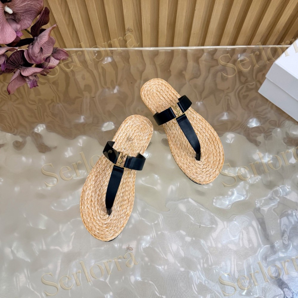 SAINT LAURENT RAFFIA GOLD LOGO LEATHER THONG SANDALS