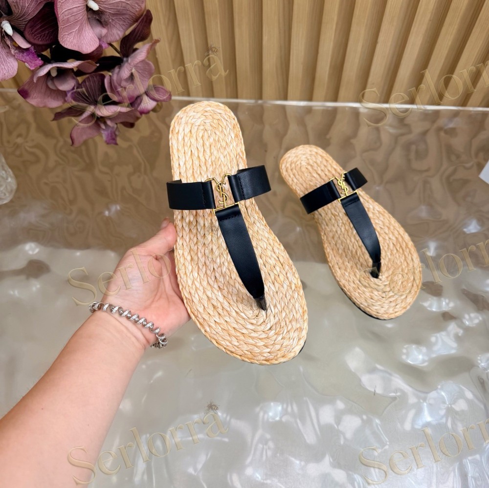 SAINT LAURENT RAFFIA GOLD LOGO LEATHER THONG SANDALS