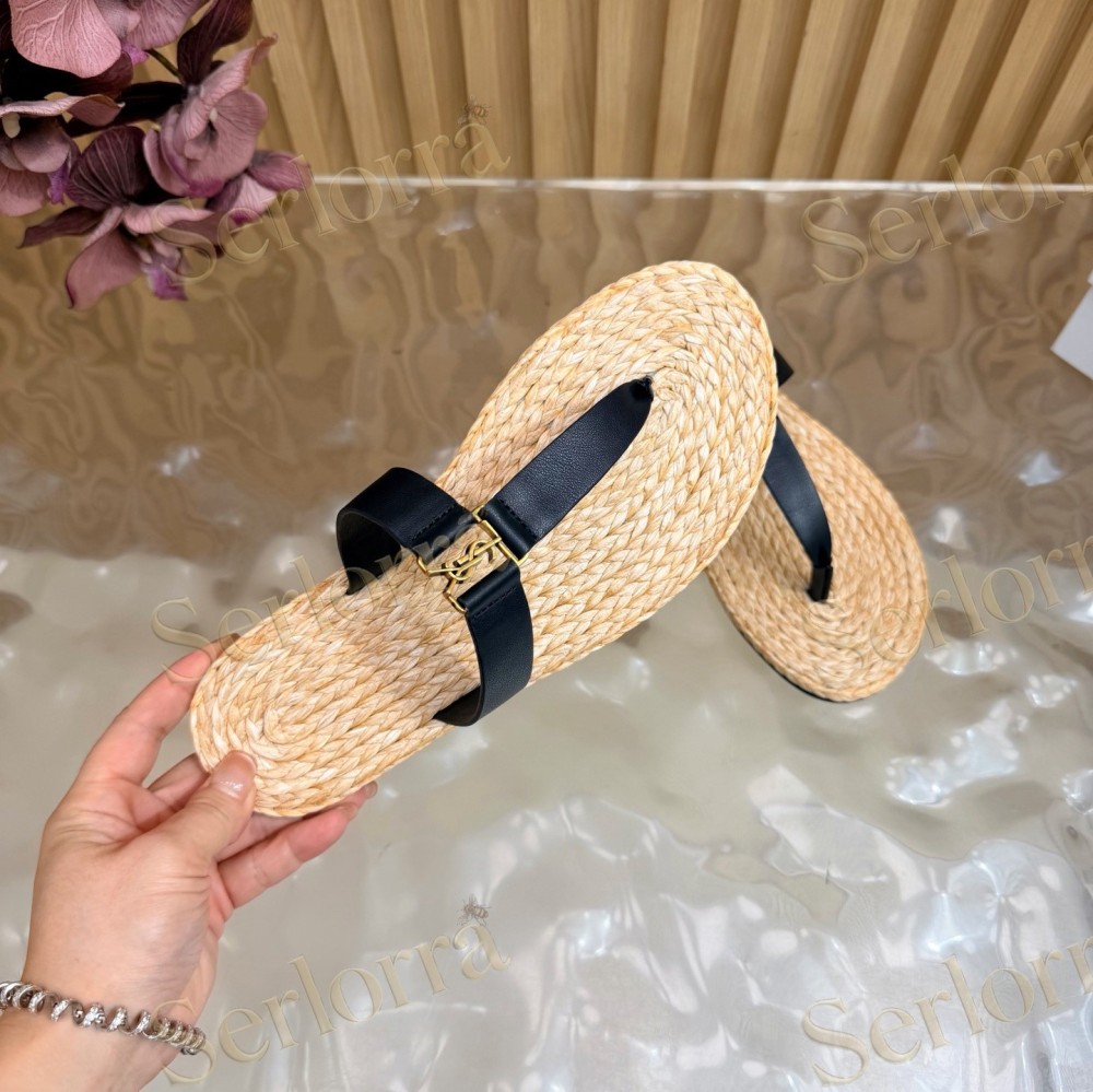 SAINT LAURENT RAFFIA GOLD LOGO LEATHER THONG SANDALS