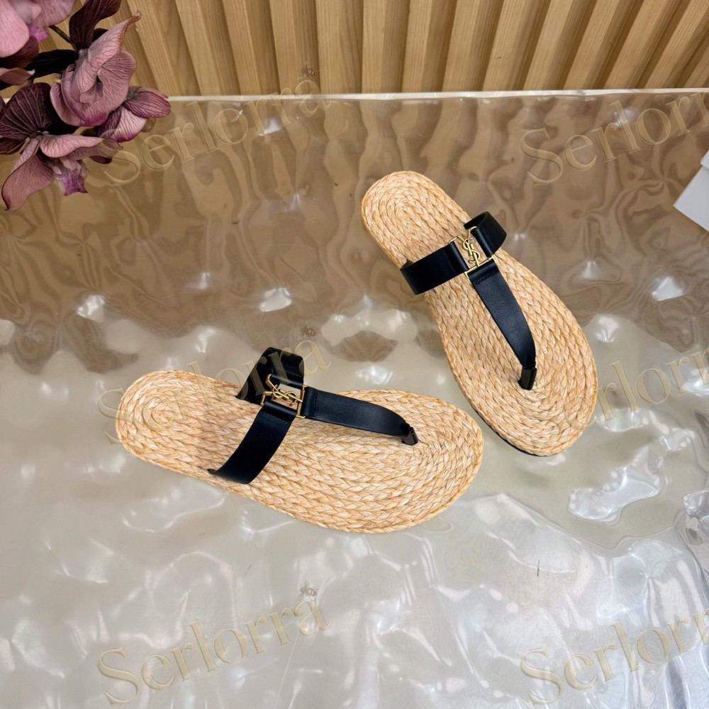 SAINT LAURENT RAFFIA GOLD LOGO LEATHER THONG SANDALS