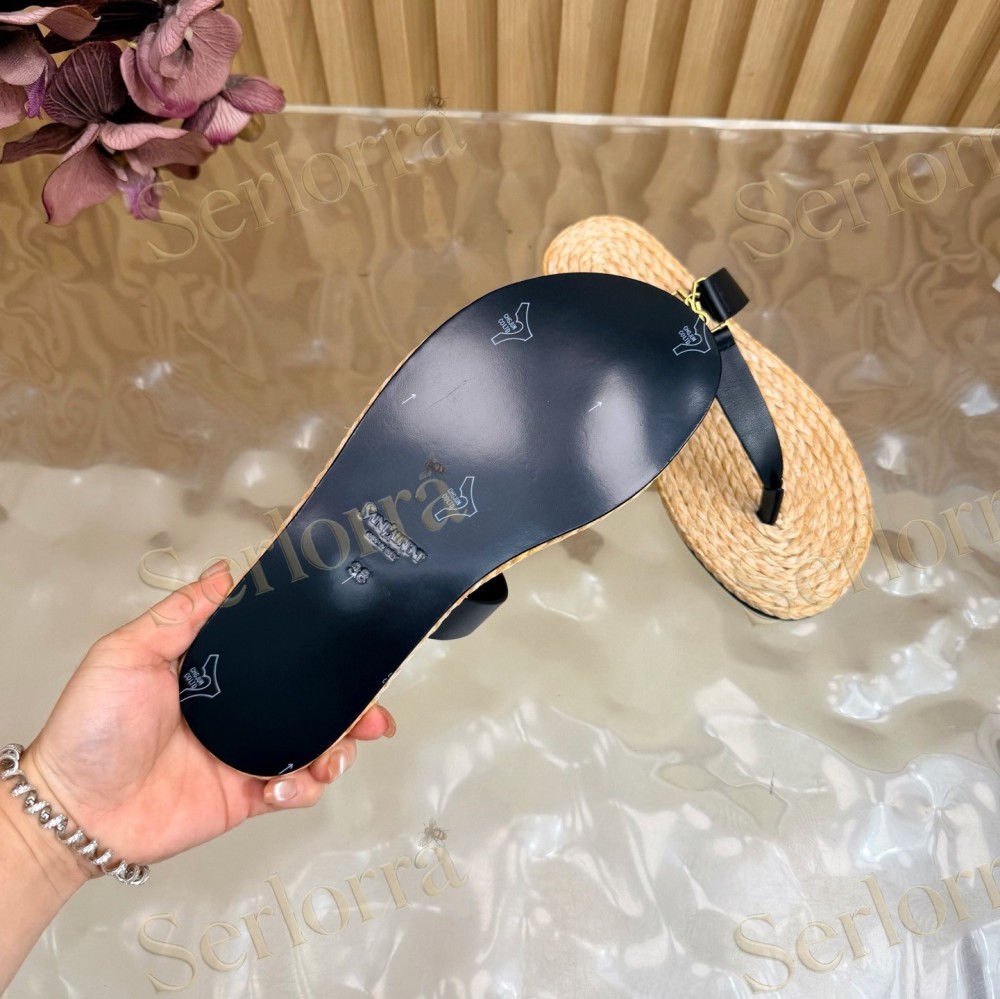 SAINT LAURENT RAFFIA GOLD LOGO LEATHER THONG SANDALS