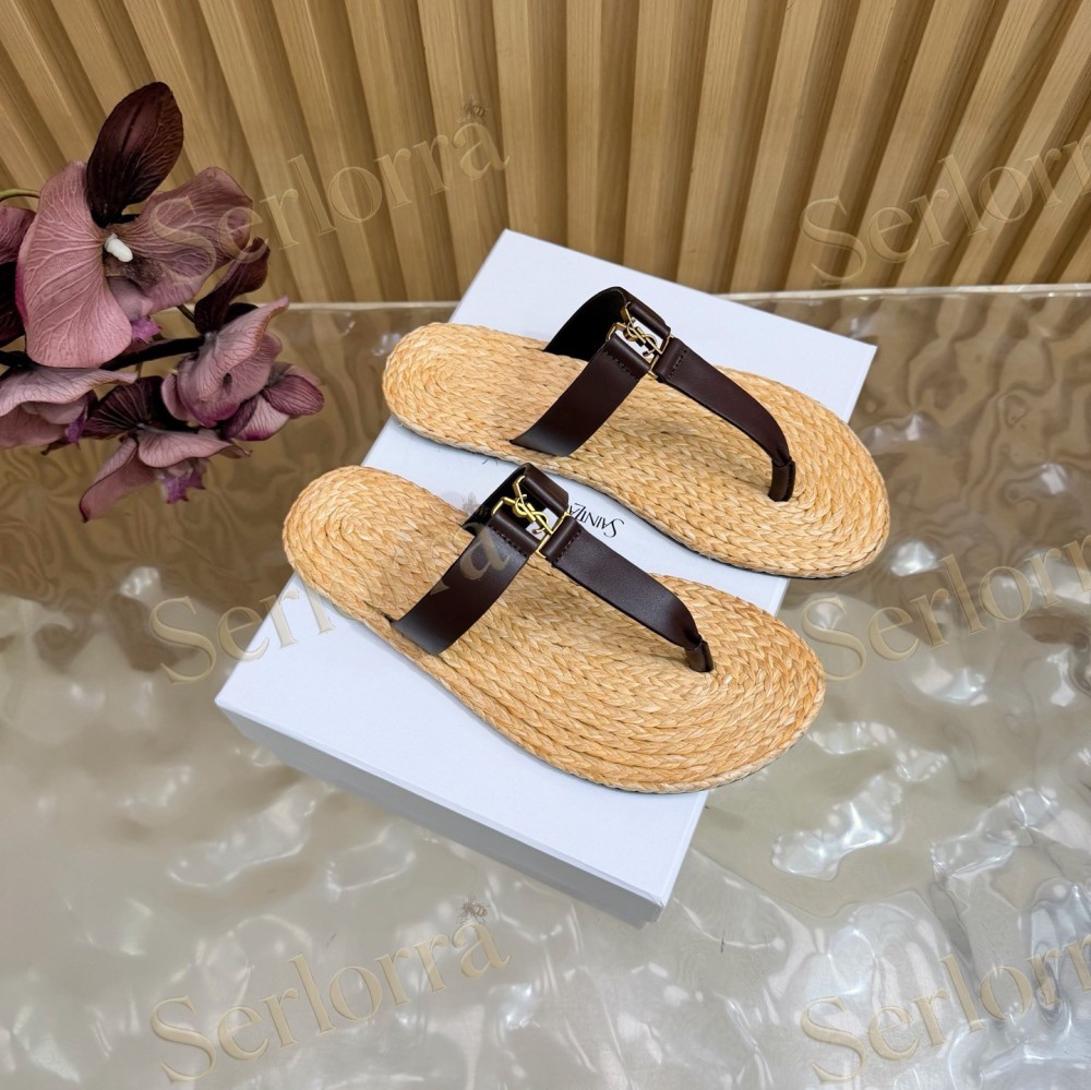 SAINT LAURENT RAFFIA GOLD LOGO LEATHER THONG SANDALS