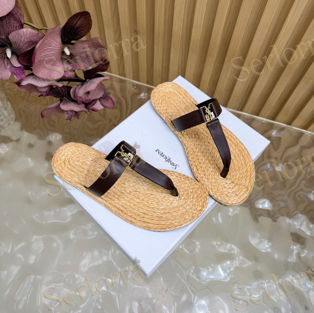 SAINT LAURENT RAFFIA GOLD LOGO LEATHER THONG SANDALS