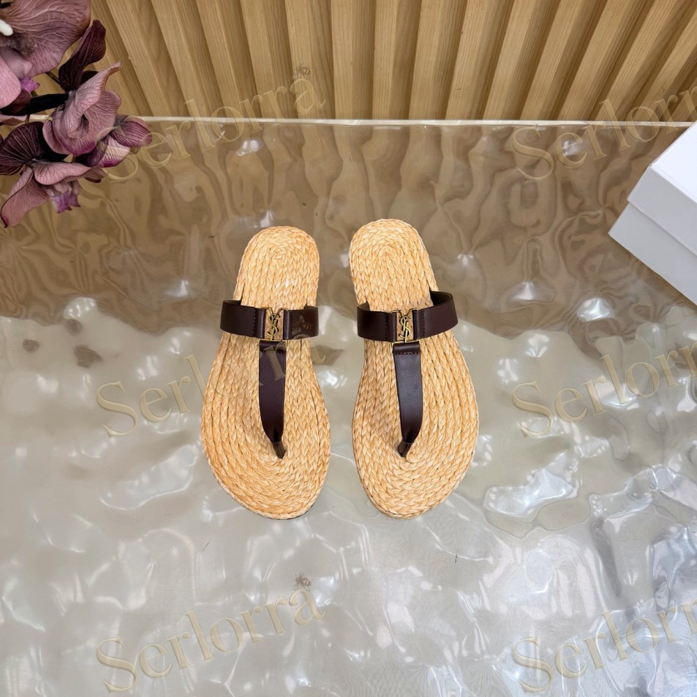 SAINT LAURENT RAFFIA GOLD LOGO LEATHER THONG SANDALS