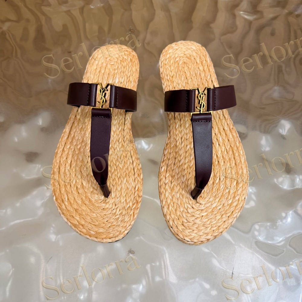 SAINT LAURENT RAFFIA GOLD LOGO LEATHER THONG SANDALS