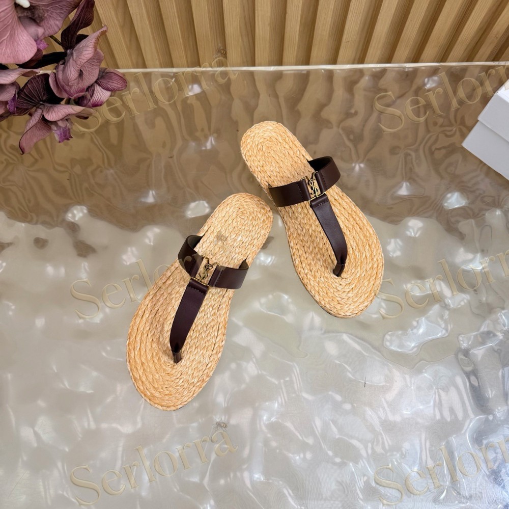 SAINT LAURENT RAFFIA GOLD LOGO LEATHER THONG SANDALS