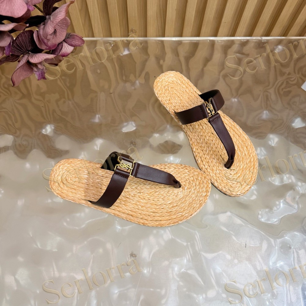SAINT LAURENT RAFFIA GOLD LOGO LEATHER THONG SANDALS