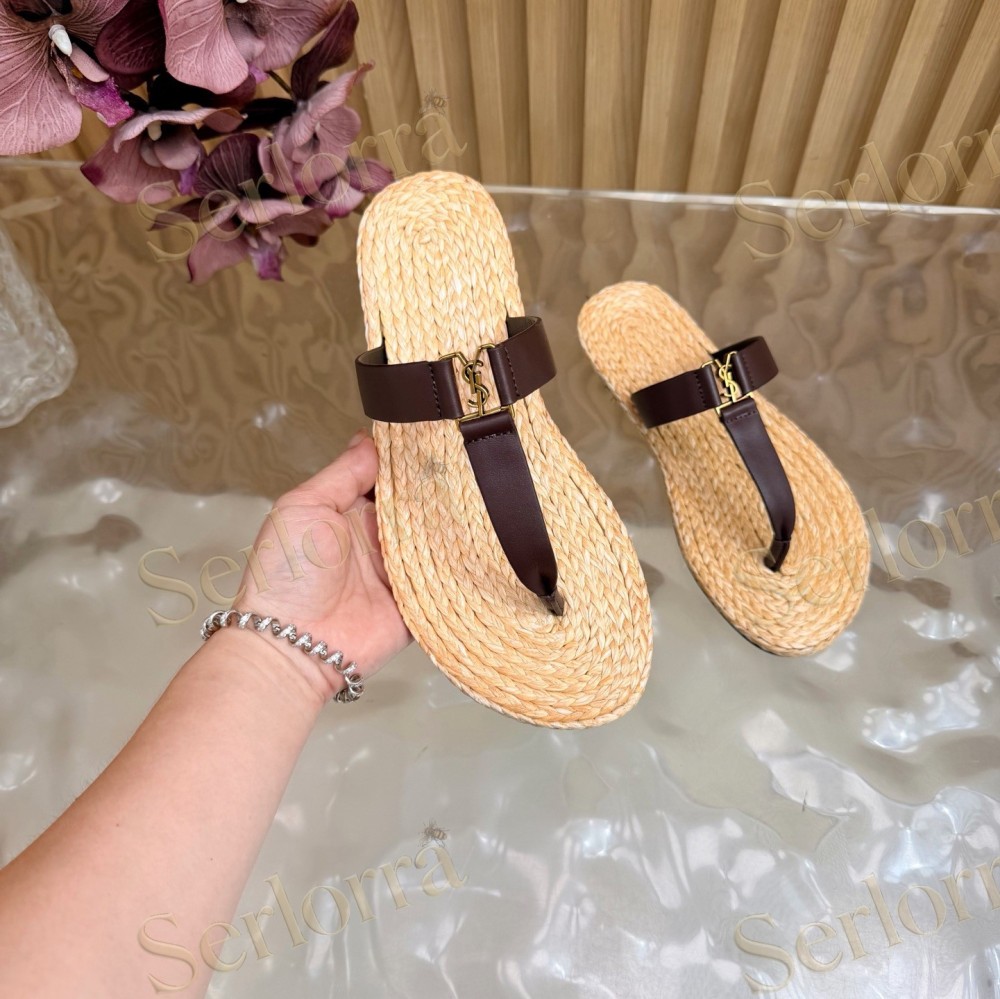 SAINT LAURENT RAFFIA GOLD LOGO LEATHER THONG SANDALS