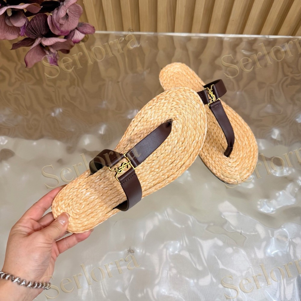 SAINT LAURENT RAFFIA GOLD LOGO LEATHER THONG SANDALS